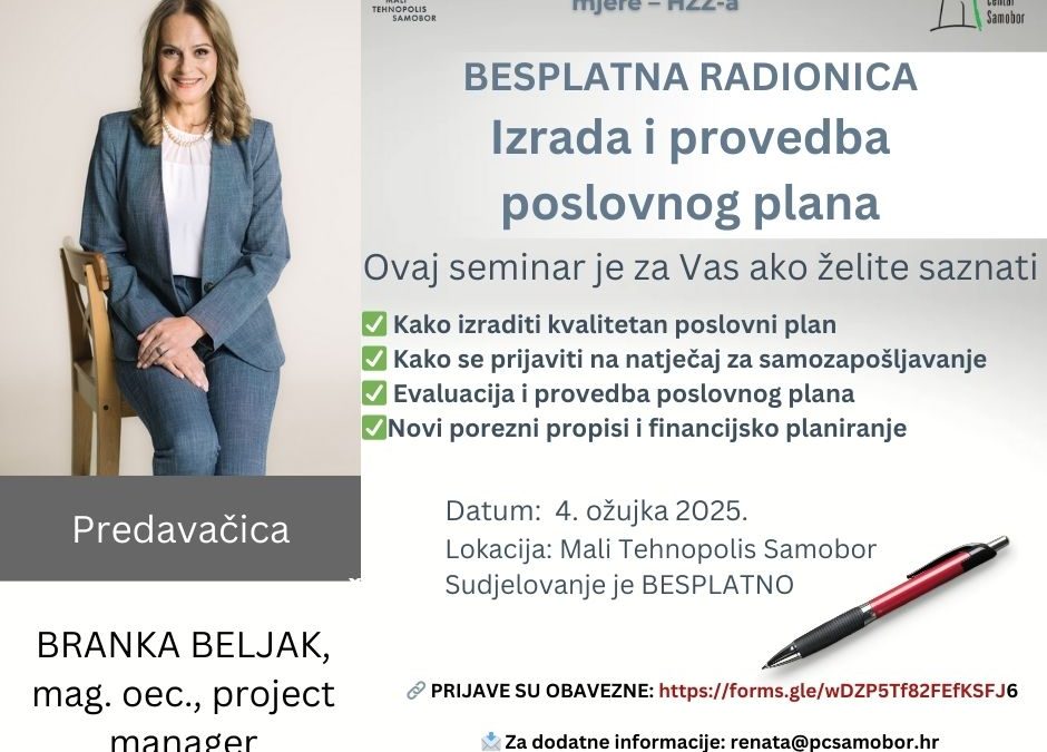 NAJAVA RADIONICE Izrada i provedba poslovnog plana