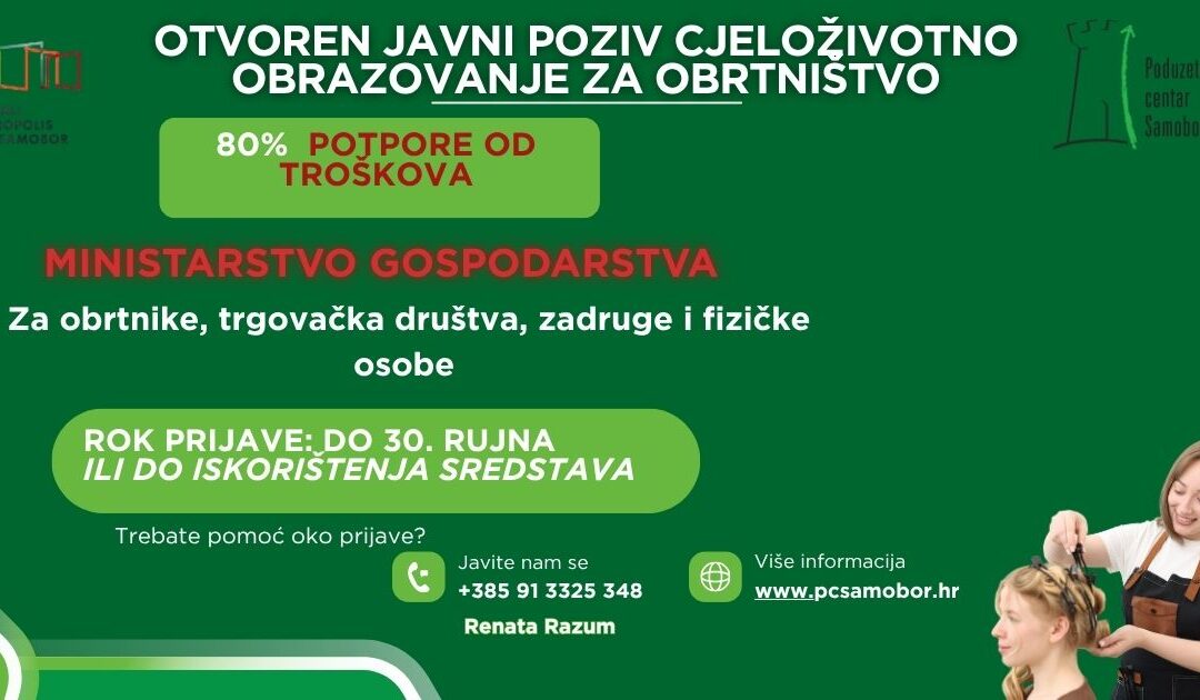 Otvoren javni poziv za Program „Cjeloživotno obrazovanje za obrtništvo“ za 2026. godinu